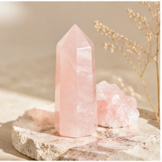 Rose quartz tower and crystal cluster