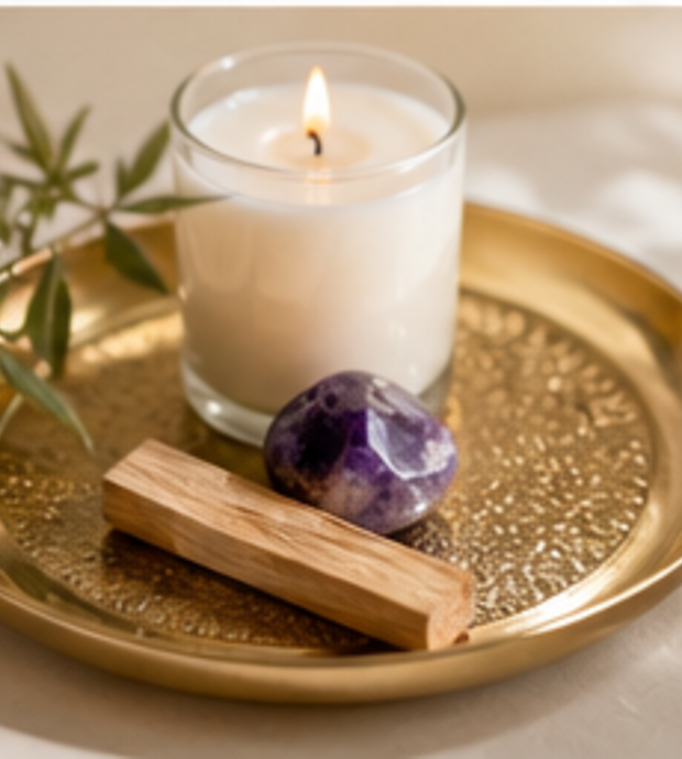 Candle and crystal arrangement on a ritual tray